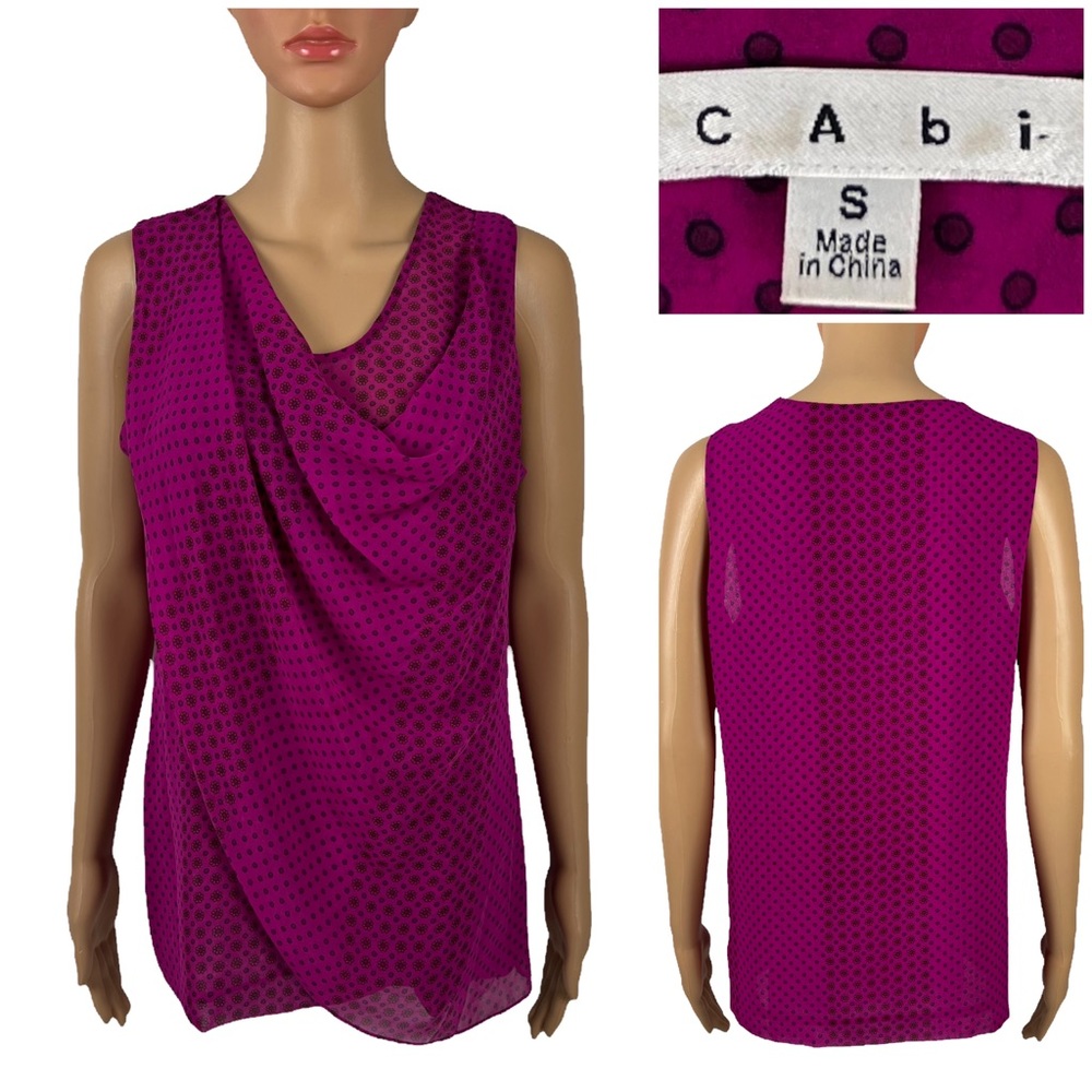 CAbi Womens Small #983 Top Sleeveless Draped Fuchsia Blouse Floral Dot Print EUC